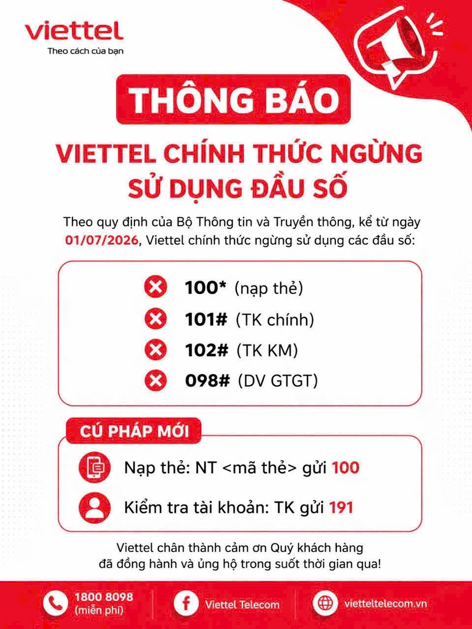 Thông báo chính thức về việc ngừng sử dụng đầu số cũ và cú pháp thay thế