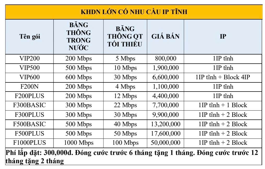 Gói F500BASIC - Internet doanh nghiệp IP tĩnh